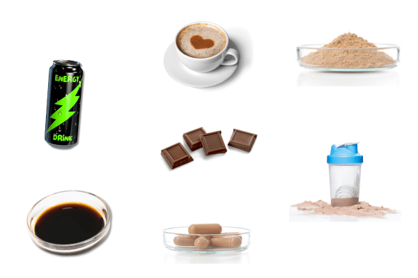 a picture of medicinal mushroom use cases featuring an enegry can, coffee cup, petri dish full of powder, chocolate, capsules, protein powder shaker, petri dish with extract 
